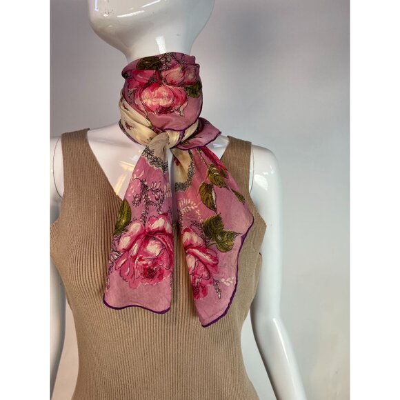 Vintage 60s Floral Handkerchief Scarf Pink & White Delicate Print - Picture 13 of 16